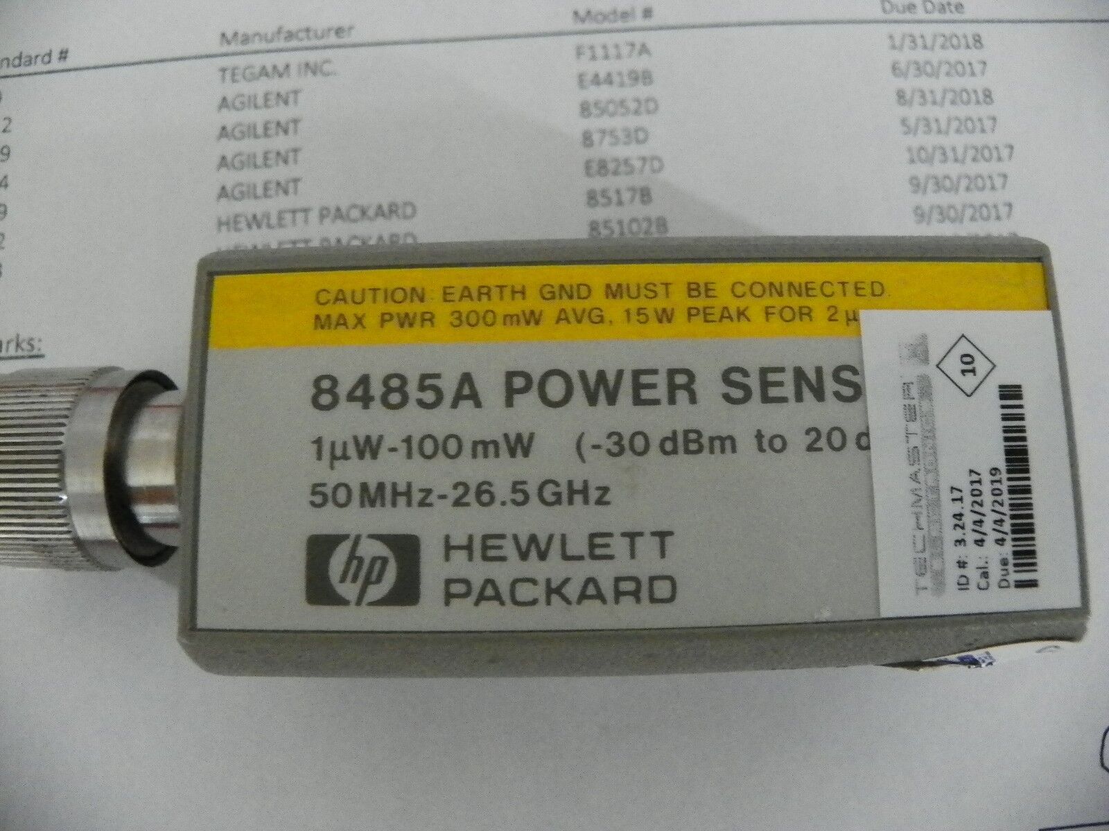Agilent / HP 8485A 50MHz - 26.5GHz RF Pwr Sensor (-30 to 20 dBm) 2 YR NIST 04/17 Agilent / HP 8485A 50MHz - 26.5GHz RF Pwr Sensor (-30 to 20 dBm) 2 YR NIST 04/17
